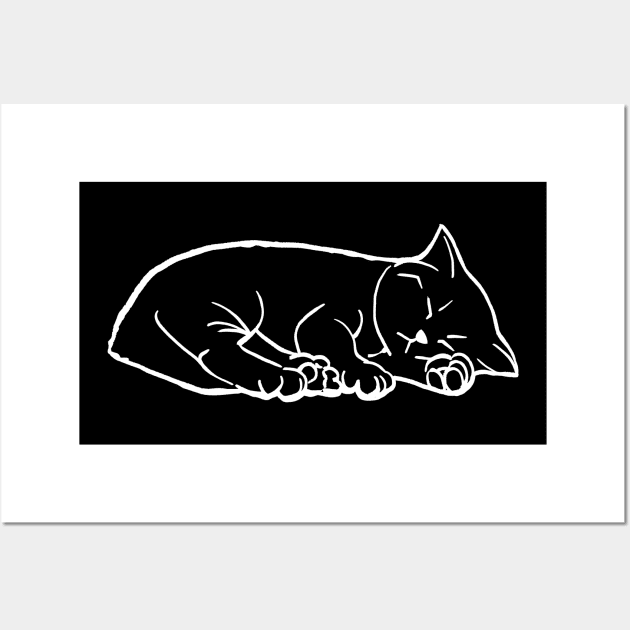 Cute kitten, sleeping kitty (white line drawing) Wall Art by dkdesigns27